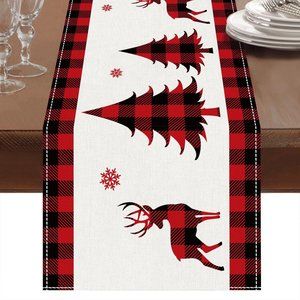 72'' Red Black Buffalo Plaid Christmas Deer Trees Snowflakes Table Runner